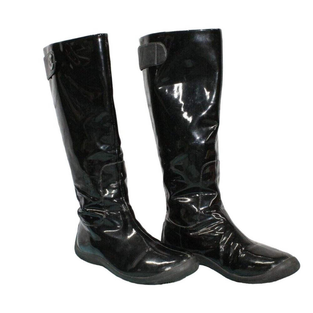 Cole Haan Black Shiny Patent Leather Waterproof Tall Rain Casual Boots 7.5 B - Picture 2 of 11